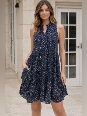 Papillon Blue Floral Boho Dress – Ruched Pick-Up Skirt w/ Pockets – Women’s M